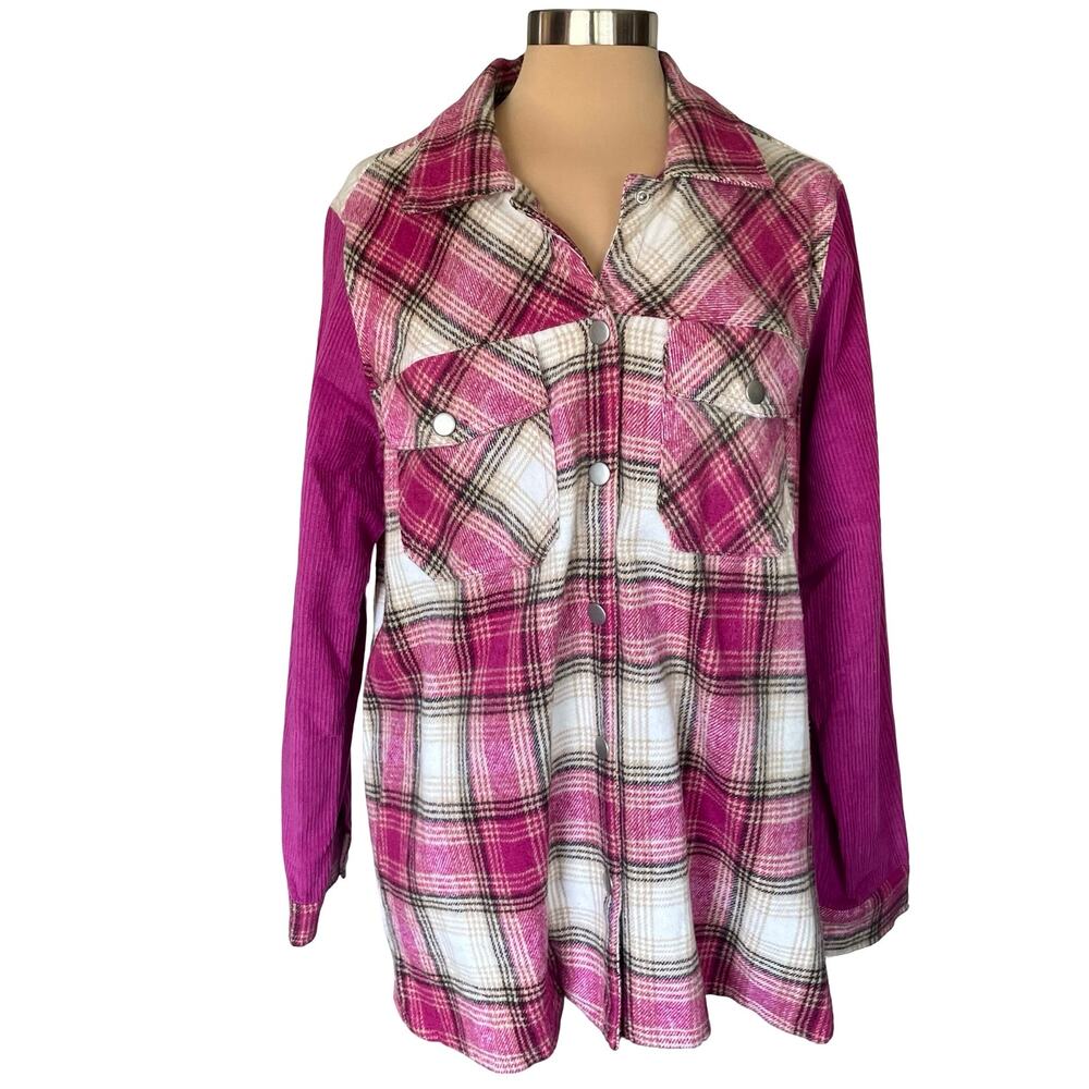 Umgee Bright Pink & White Plaid Corduroy Shacket‎ Size L Fringed Boho Festival